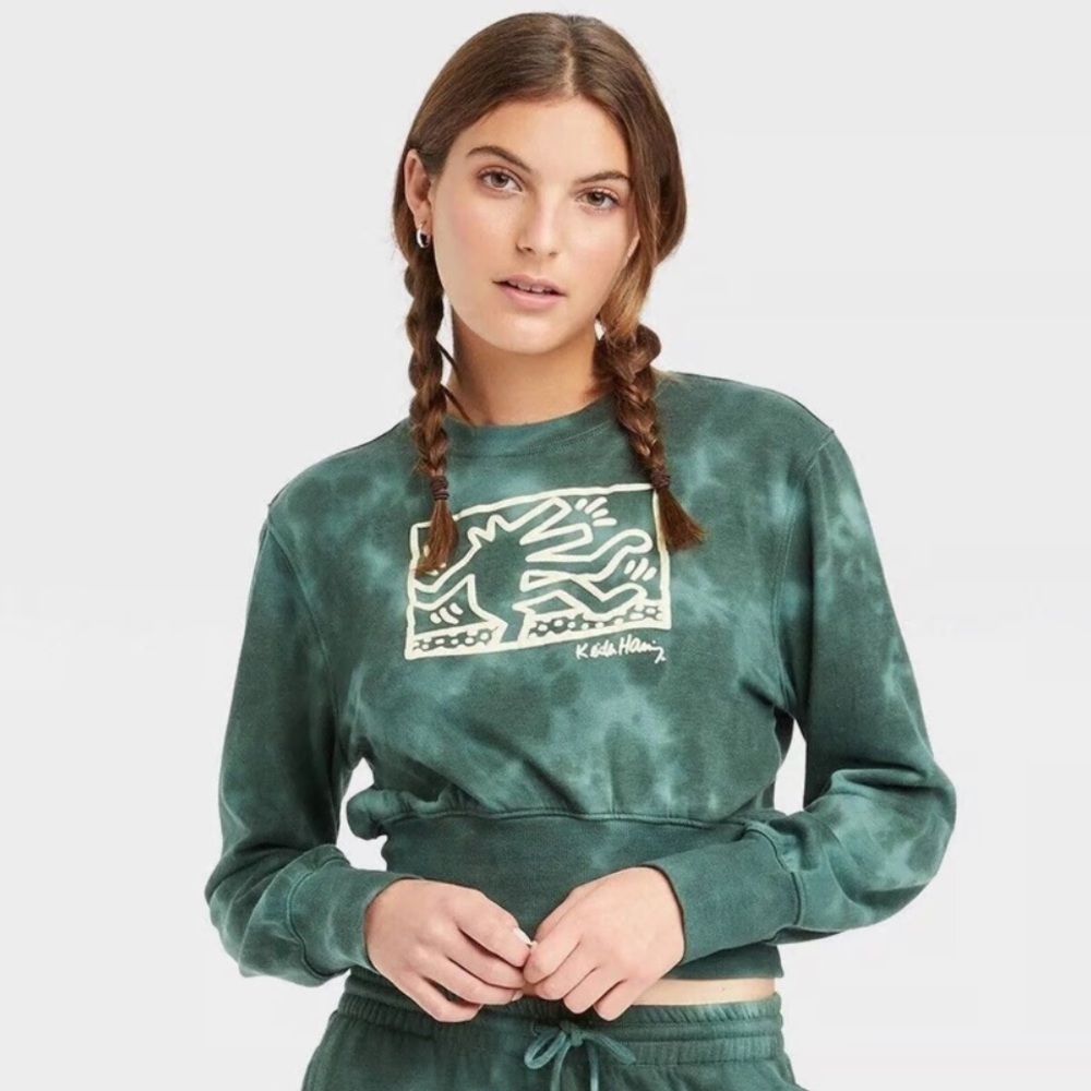 Keith Haring Cropped Long Sleeve Tie Dye Green Sweatshirt Size M